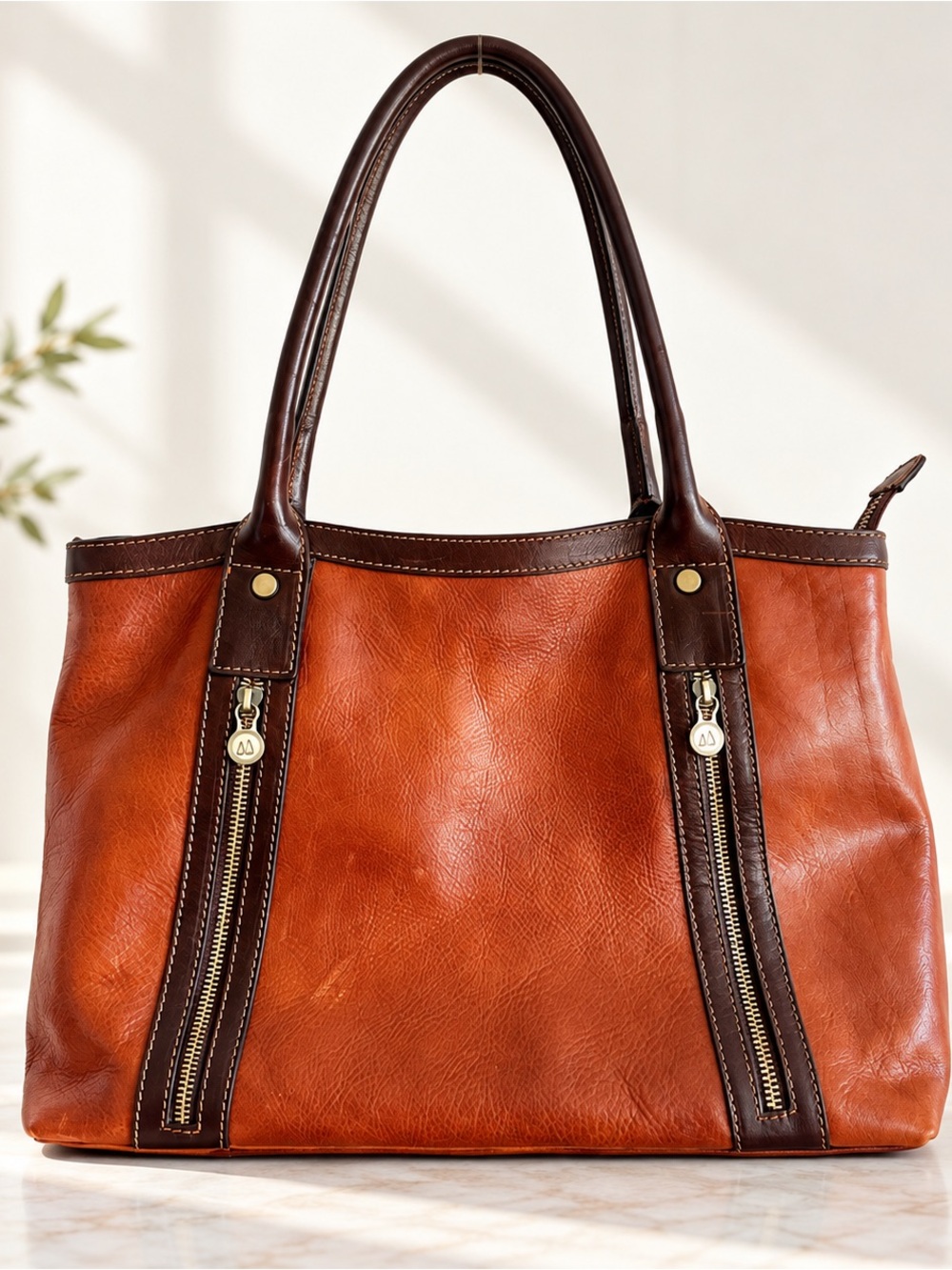 FIRENZE D&D Pelletterie Genuine Leather Tote Bag Made in Italy Cognac Brown